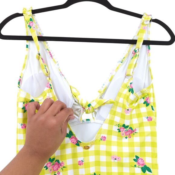 Betsey Johnson Women M Skirted Swimsuit Green White Gingham Plaid Floral 1 Piece - Picture 9 of 11